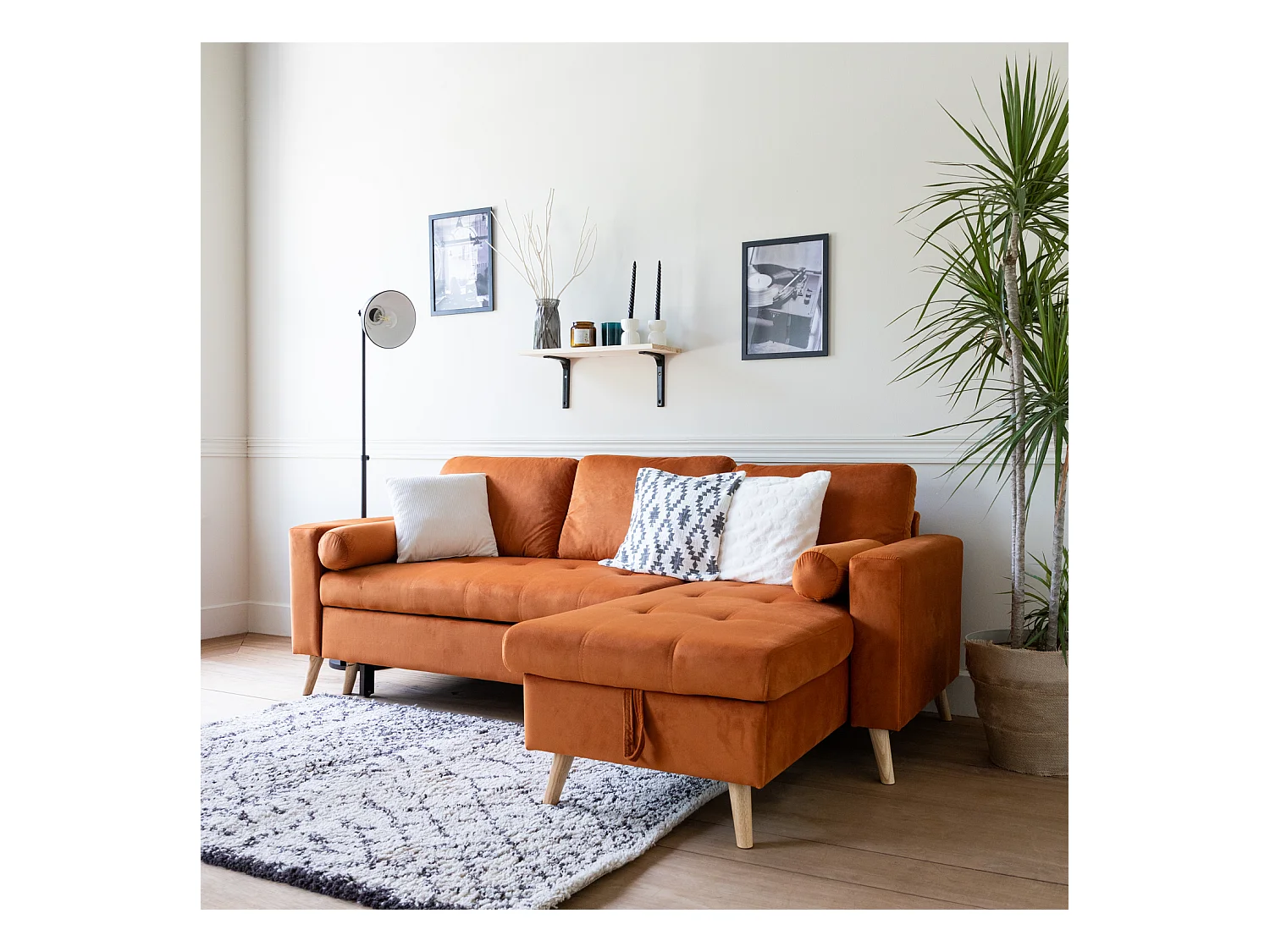 Canapé d'angle convertible JAMES 3 places en velours terracotta - HAPPY GARDEN