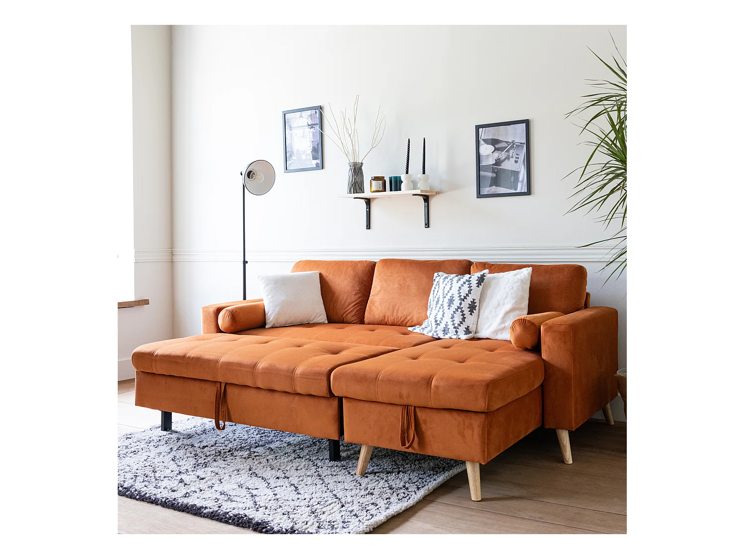 Canapé d'angle convertible JAMES 3 places en velours terracotta - HAPPY GARDEN