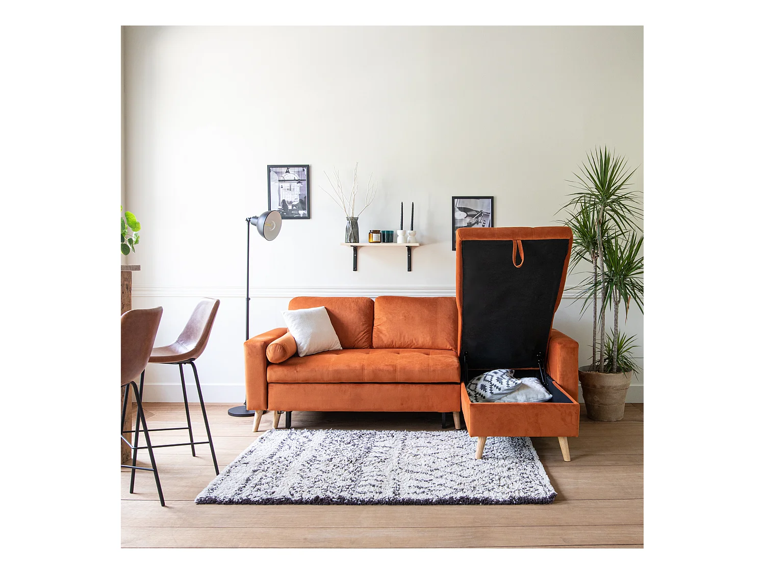 Canapé d'angle convertible JAMES 3 places en velours terracotta - HAPPY GARDEN