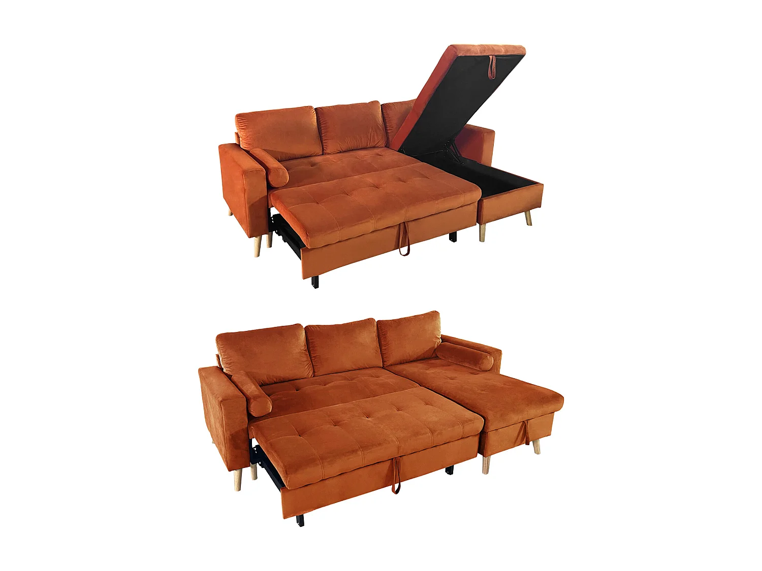 Canapé d'angle convertible JAMES 3 places en velours terracotta - HAPPY GARDEN