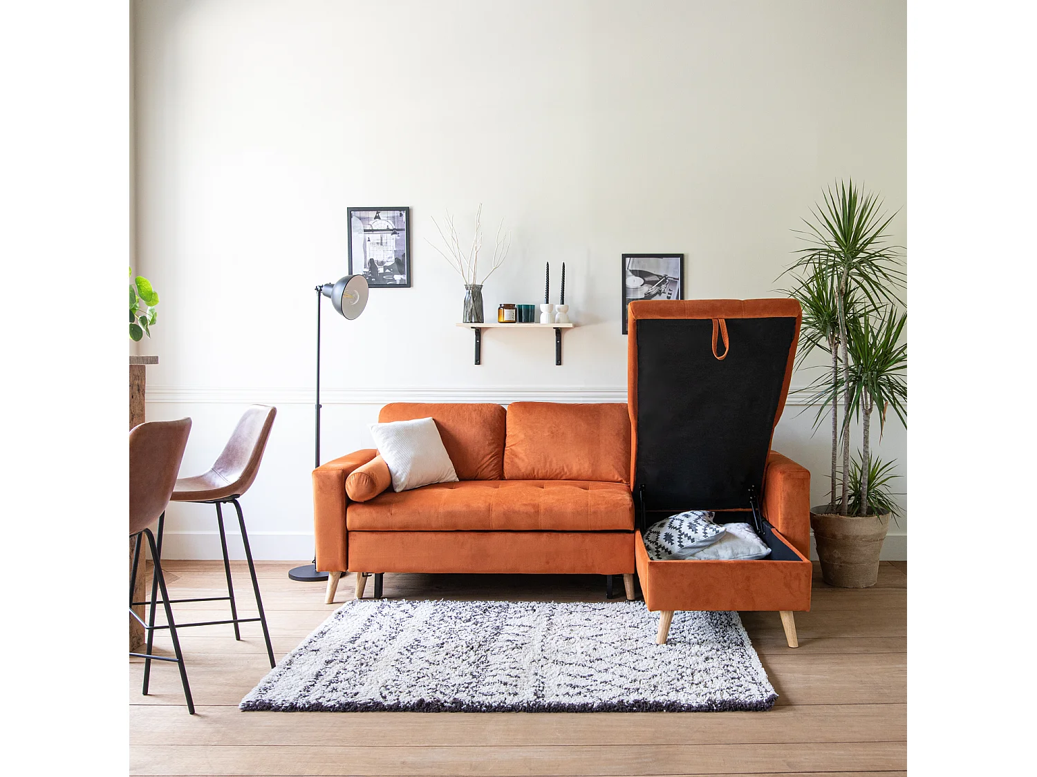 Canapé d'angle convertible 3 places en velours terracotta JAMES