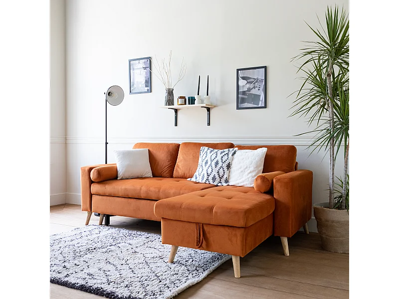 Canapé d'angle convertible JAMES 3 places en velours terracotta - HAPPY GARDEN