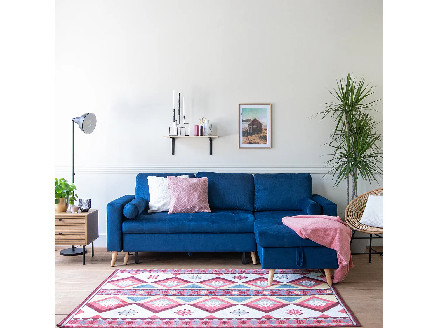 Sofá-cama de canto de 3 lugares JAMES em veludo azul