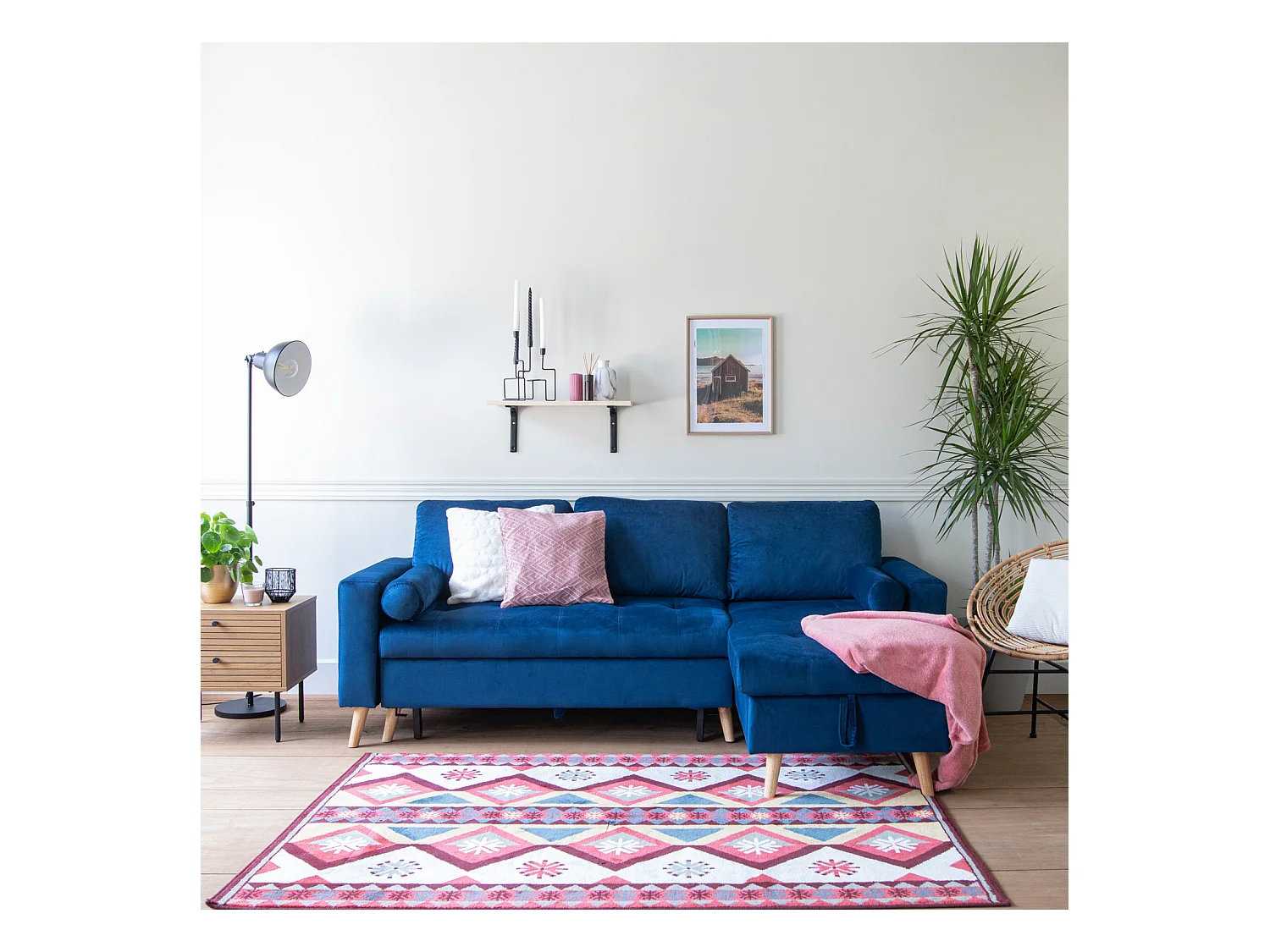 Canapé d'angle convertible JAMES 3 places en velours bleu - HAPPY GARDEN