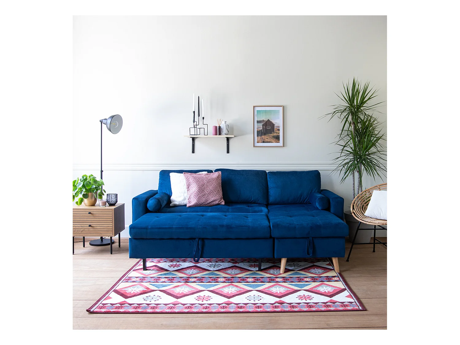 Canapé d'angle convertible JAMES 3 places en velours bleu - HAPPY GARDEN