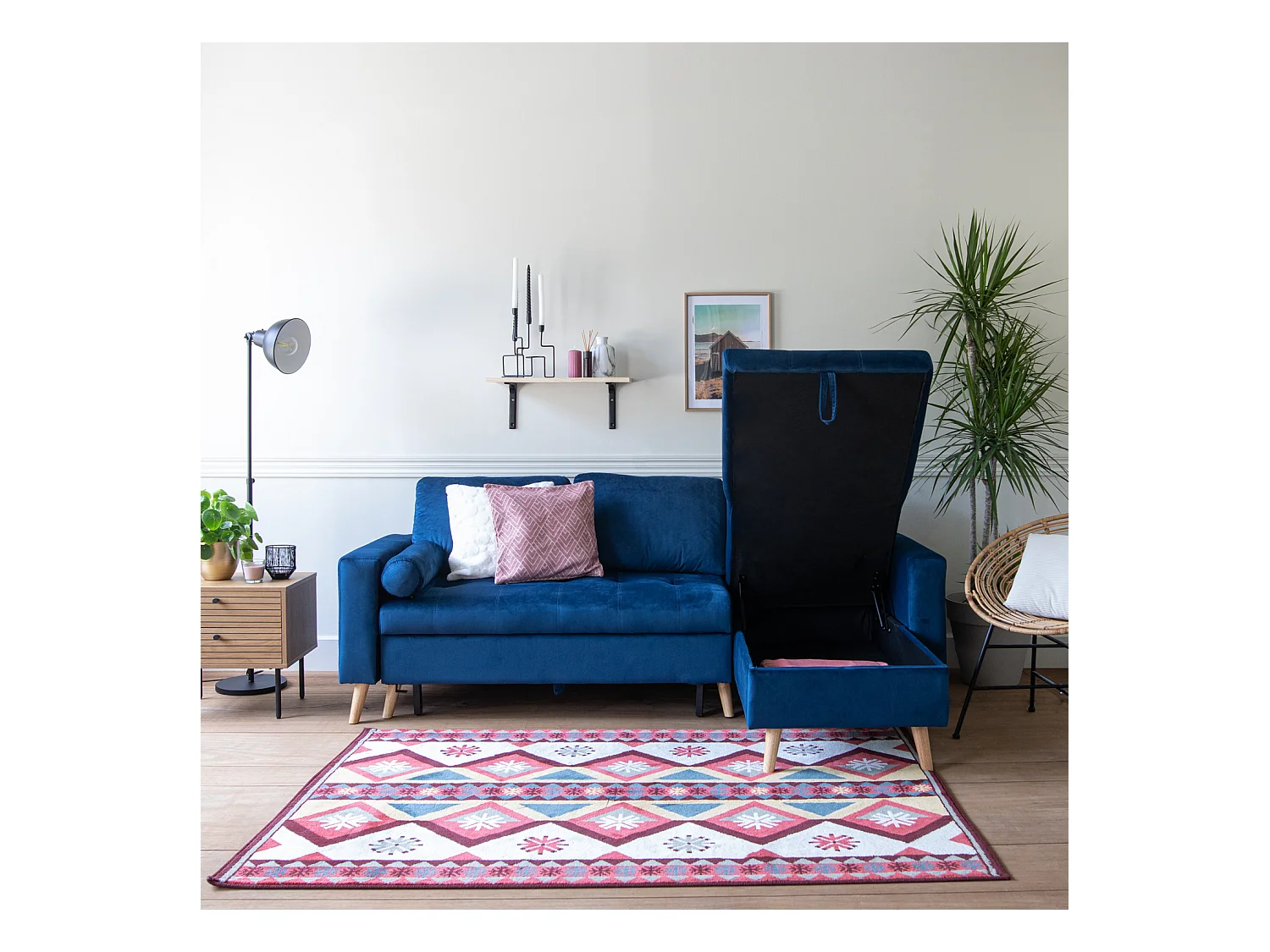 Canapé d'angle convertible JAMES 3 places en velours bleu - HAPPY GARDEN