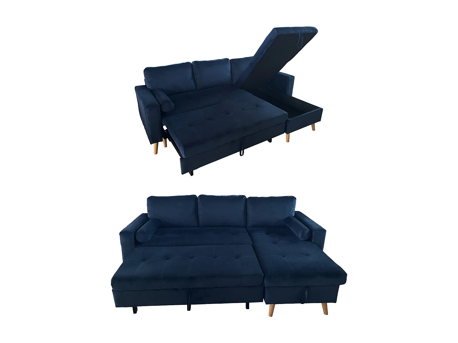 Canapé d'angle convertible JAMES 3 places en velours bleu - HAPPY GARDEN