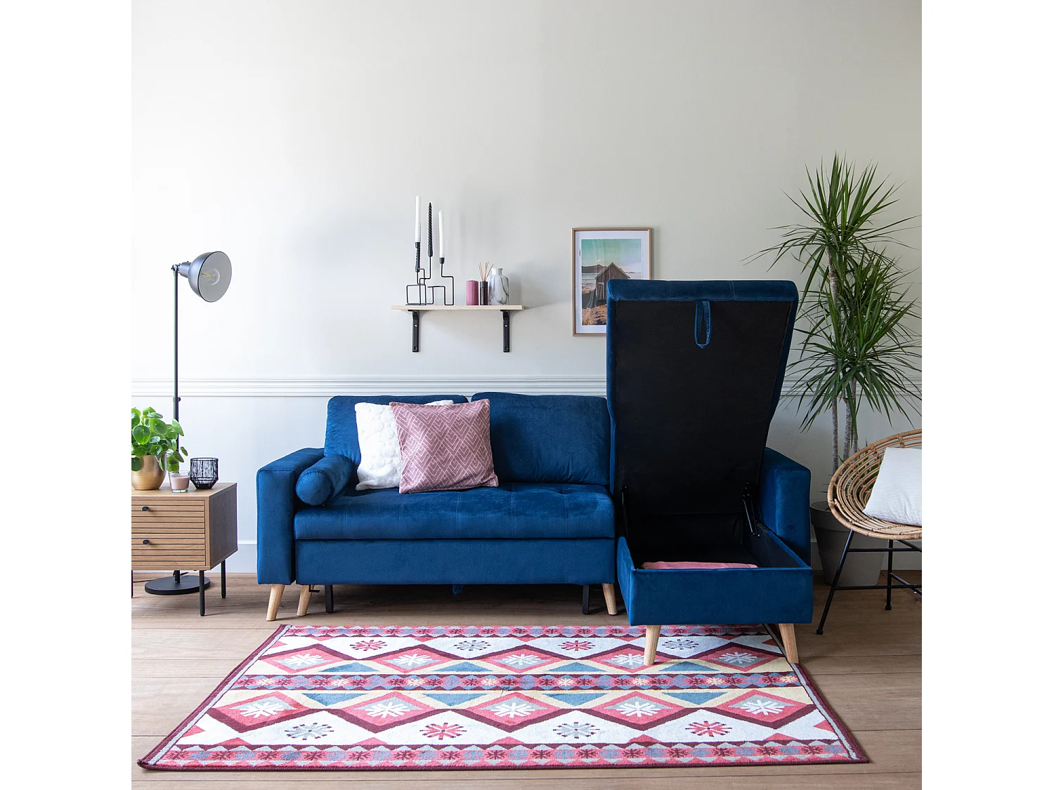 Canapé d'angle convertible JAMES 3 places en velours bleu - HAPPY GARDEN