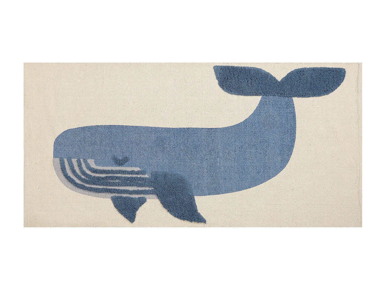Kinderteppich aus Baumwolle mit Wal-Motiv 80 x 150 cm Handgewebt Beige und Blau Selai