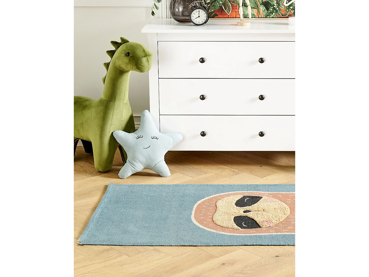 Tapis enfant imprimé paresseux en coton 80 x 150 cm bleu et orange ISAK