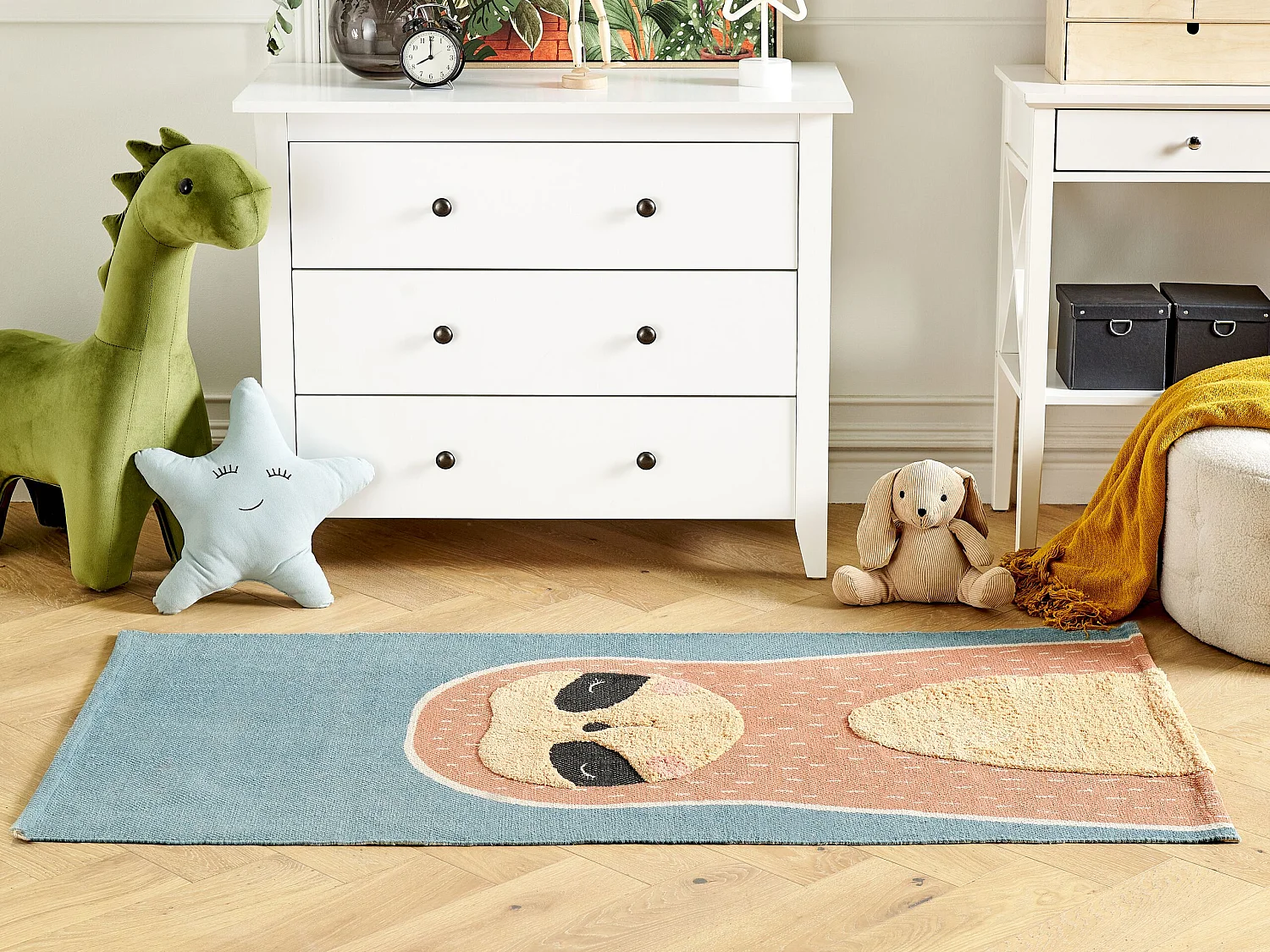 Tapis enfant imprimé paresseux en coton 80 x 150 cm bleu et orange ISAK