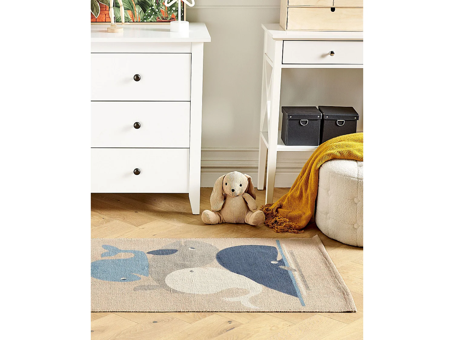Tapis enfant imprimé baleines en coton 80 x 150 cm beige SEAI