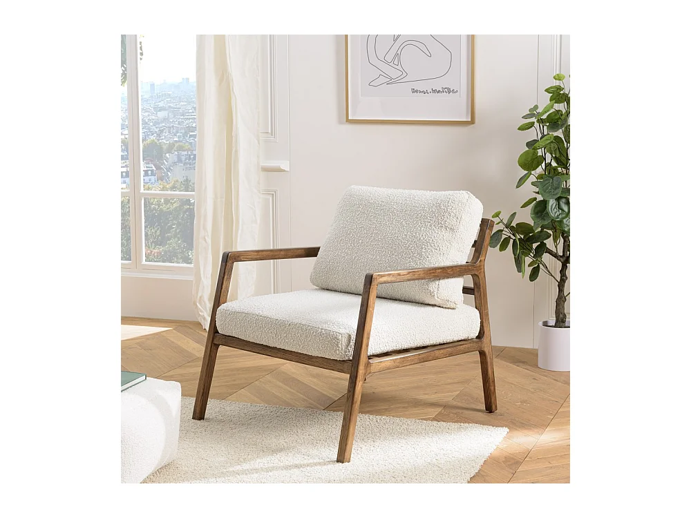 GASTON - Fauteuil en tissu écru, structure et accoudoirs en bois