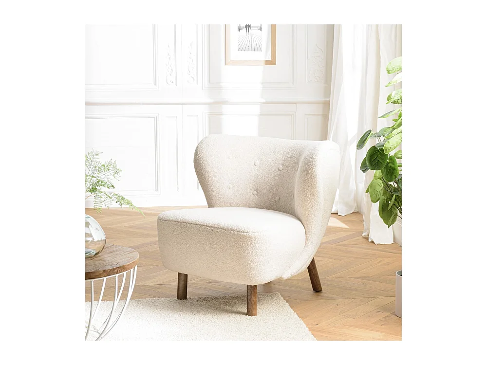 GASTON - Fauteuil en tissu bouclette écru, dossier capitonné arrondi