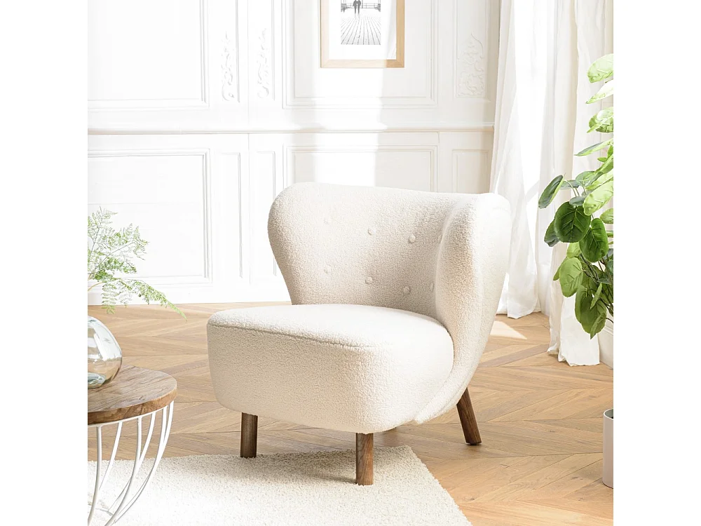 GASTON - Fauteuil en tissu bouclette blanc dossier capitonné arrondi