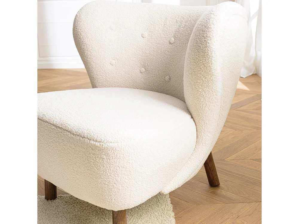 GASTON - Fauteuil en tissu bouclette blanc dossier capitonné arrondi