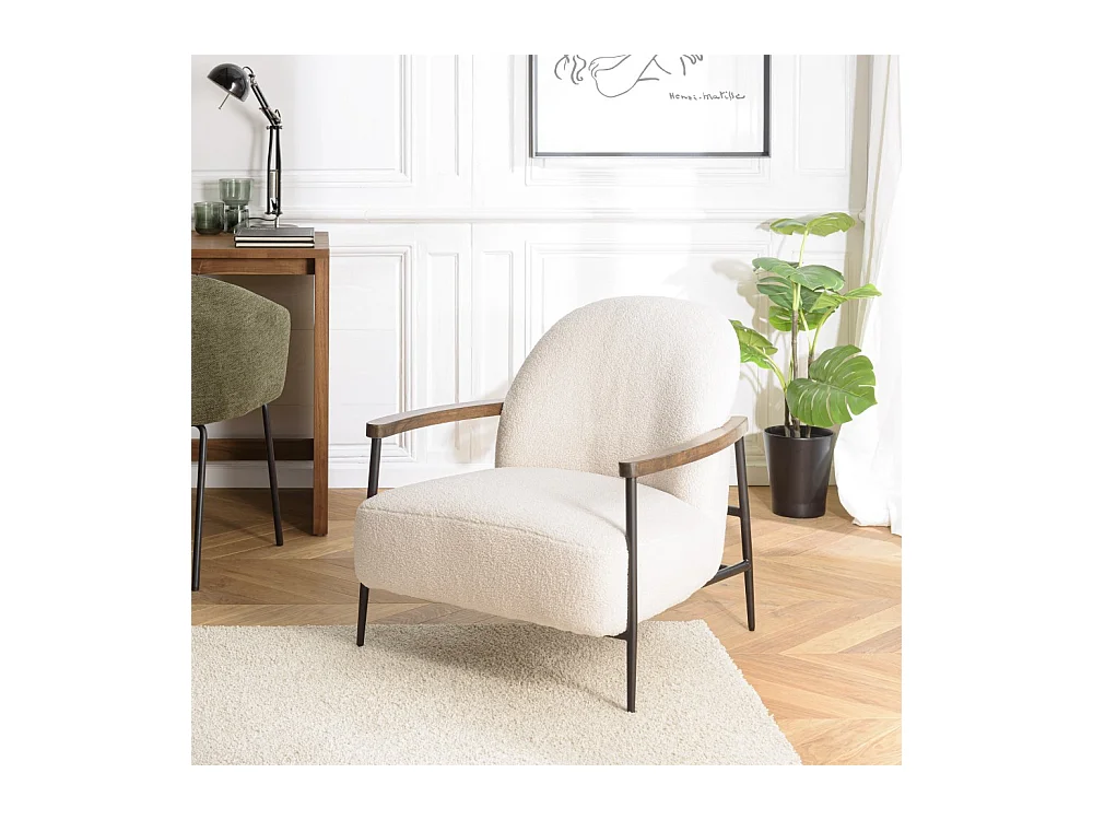 GASTON - Fauteuil tissu bouclette écru structure métallique