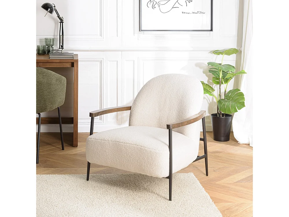 GASTON - Fauteuil tissu bouclette blanc structure métallique