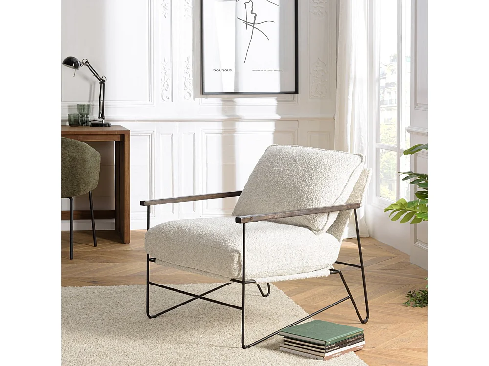 GASTON - Fauteuil tissu bouclette 1 coussin couleur blanc
