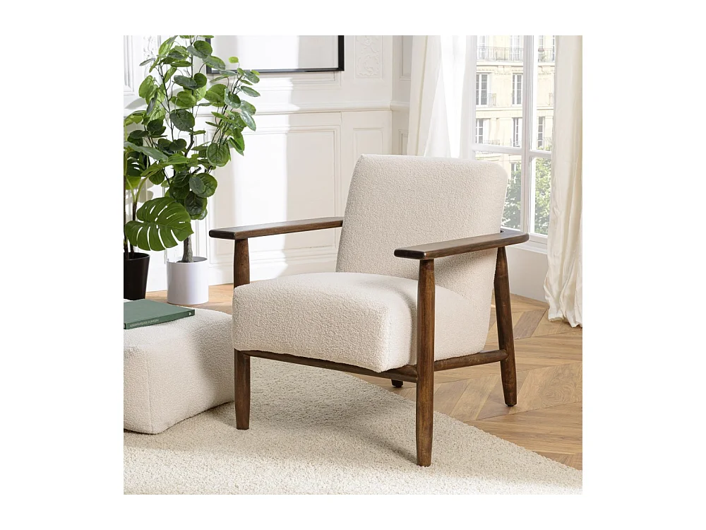 GASTON - Fauteuil tissu bouclette écru structure et accoudoirs en bois