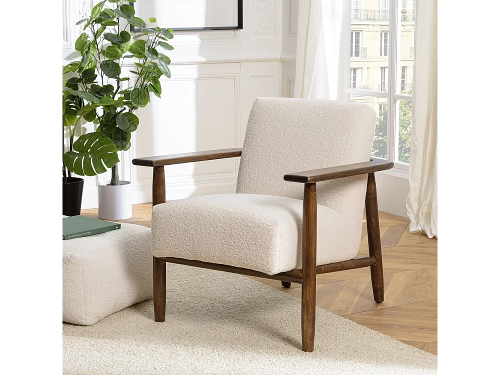 GASTON - Fauteuil tissu bouclette blanc structure en bois