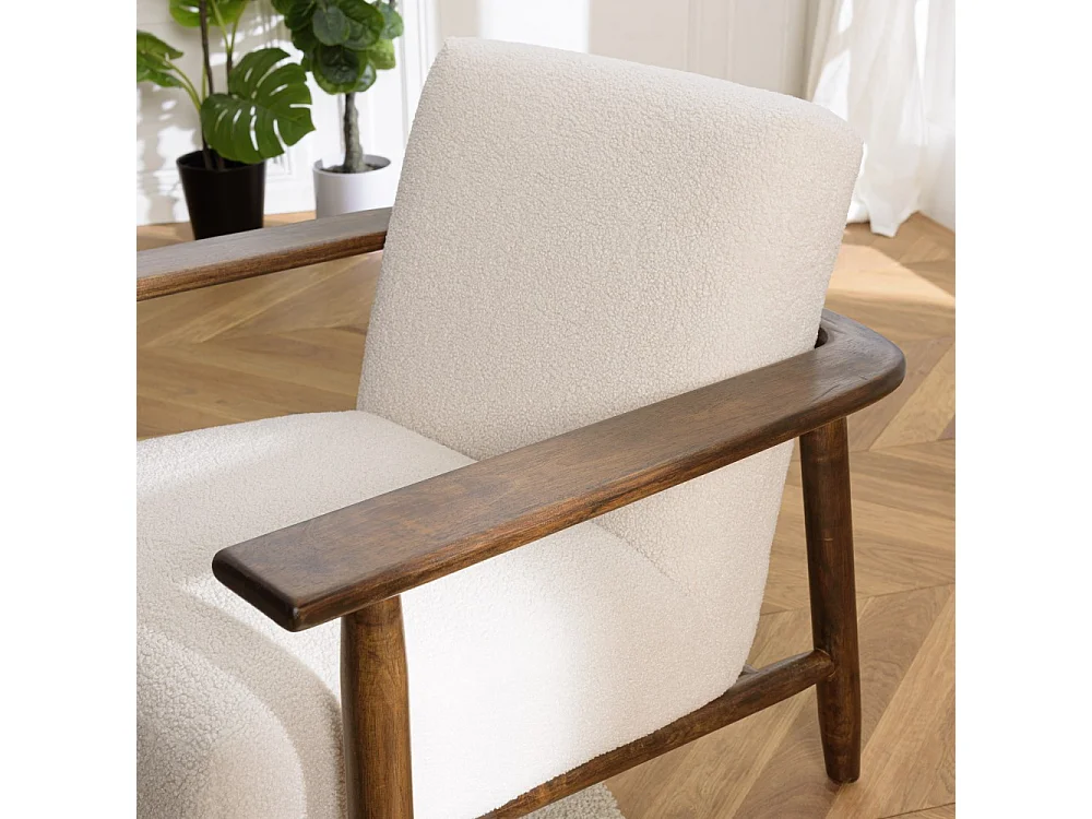 GASTON - Fauteuil tissu bouclette blanc structure en bois