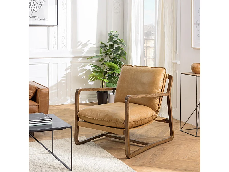 GASTON - Fauteuil incliné vintage structure bois, cuir marron