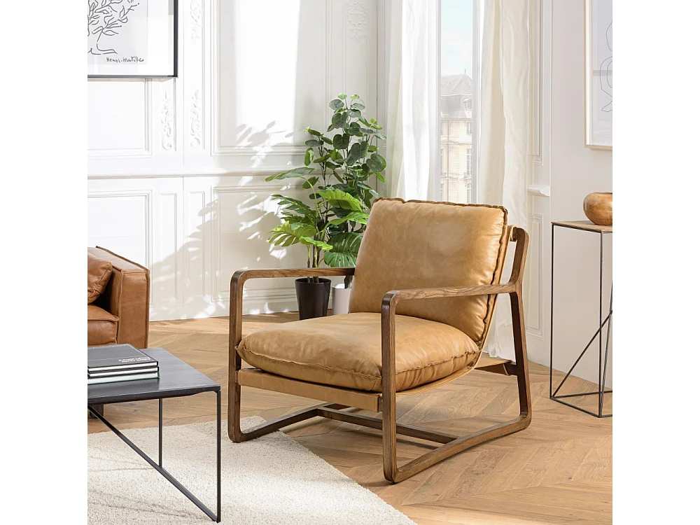 GASTON - Fauteuil incliné vintage structure bois, cuir marron