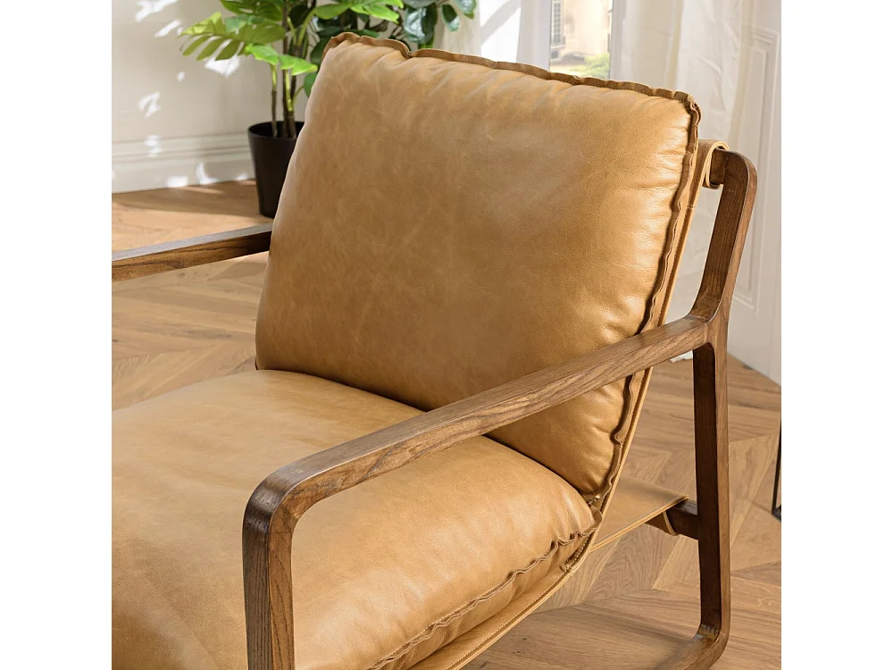 GASTON - Fauteuil incliné vintage structure bois, cuir marron