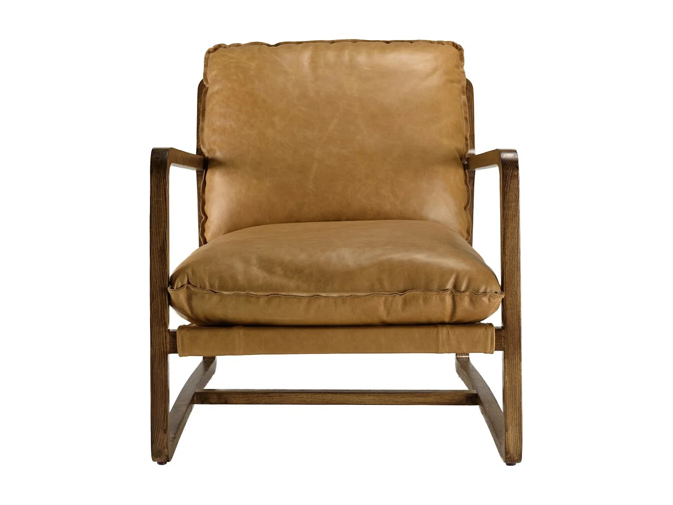 GASTON - Fauteuil incliné vintage structure bois, cuir marron