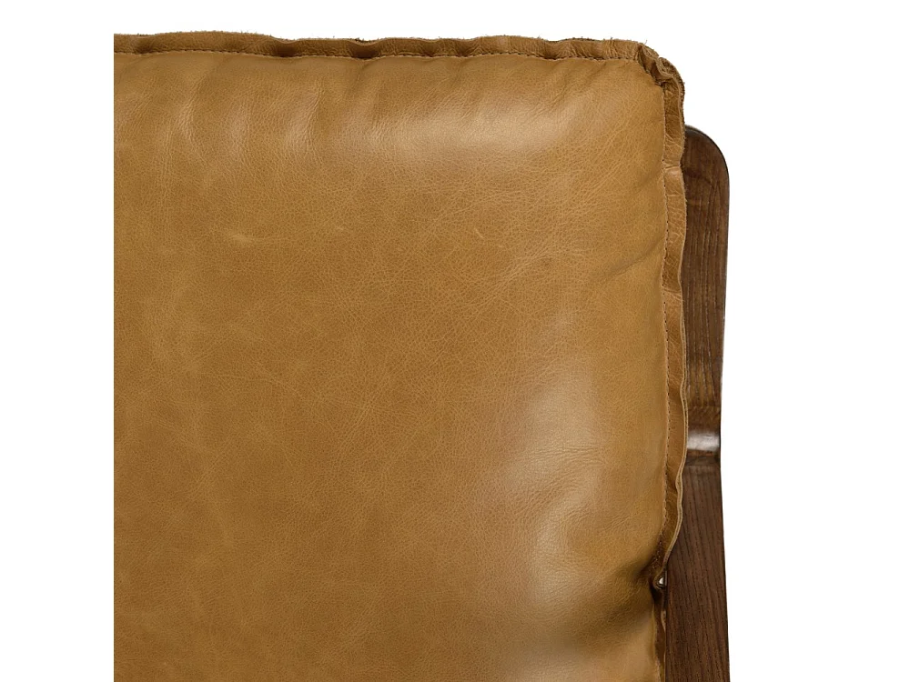 GASTON - Fauteuil incliné vintage structure bois, cuir marron