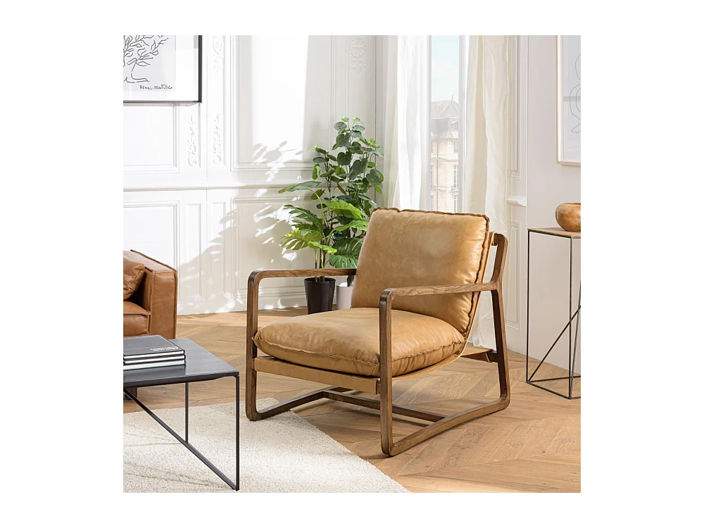 GASTON - Fauteuil incliné vintage cuir marron cognac, structure en bois