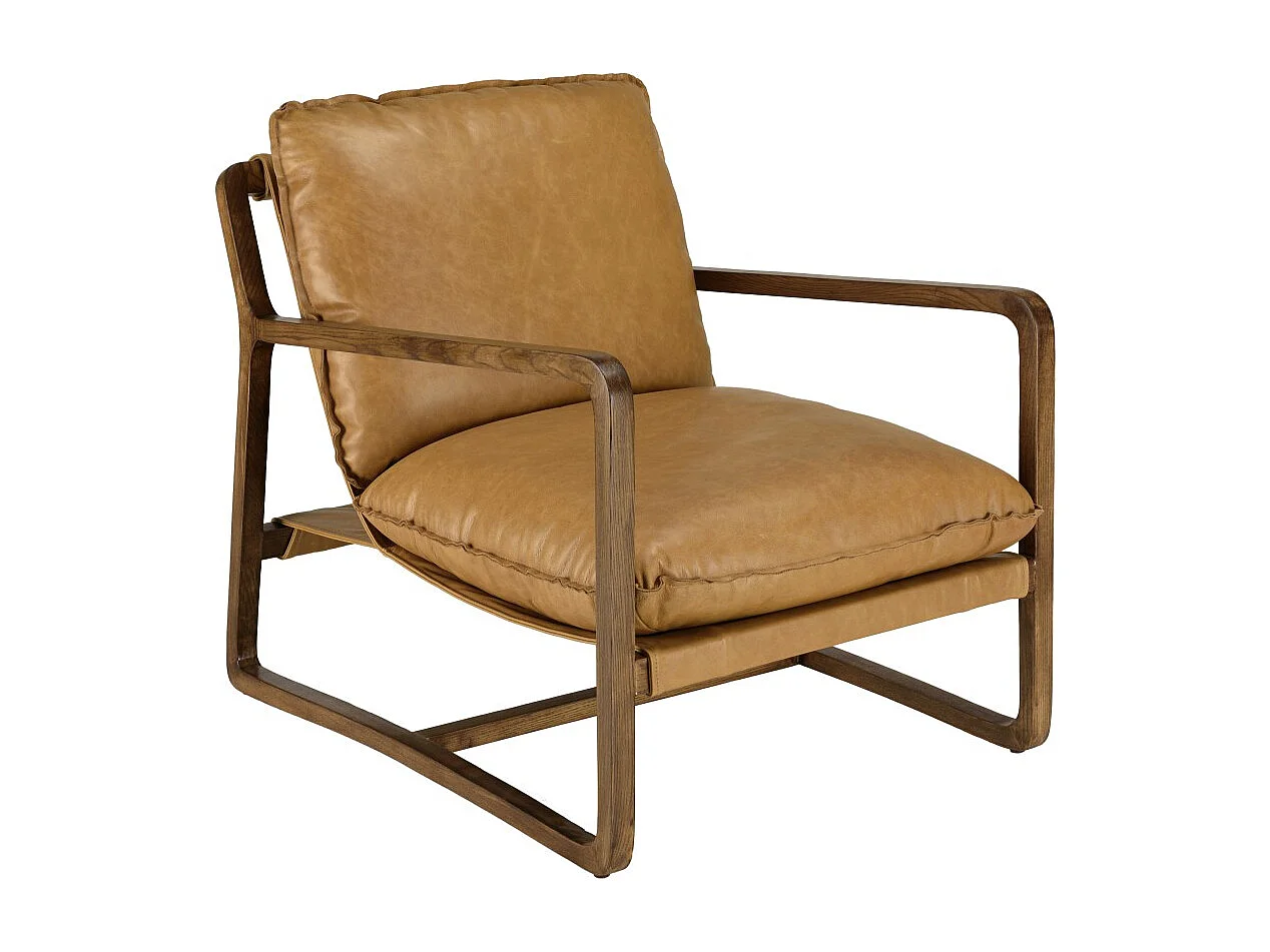 GASTON - Fauteuil incliné vintage structure bois, cuir marron