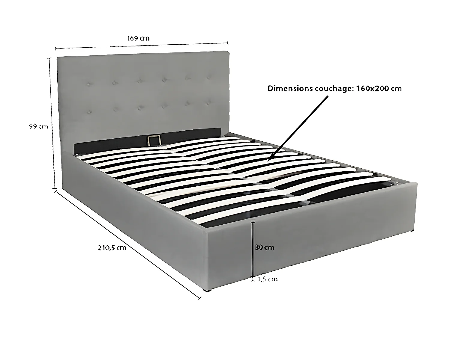 Lit coffre PARMA 160x200 + 1 sommier / Gris clair