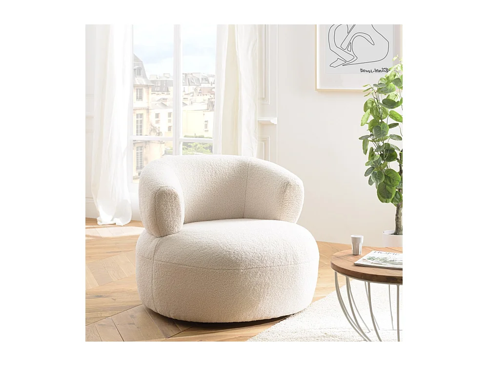 GASTON - Fauteuil en tissu bouclette écru assise arrondie