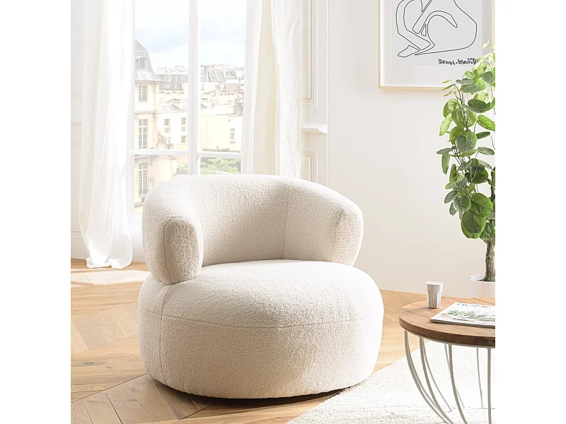 GASTON - Fauteuil en tissu bouclette blanc assise arrondie