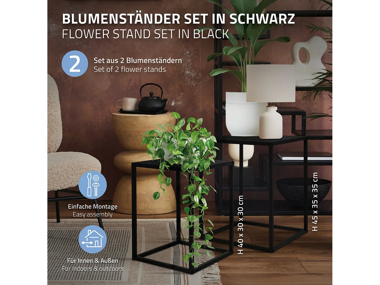 Set 4x supports de fleurs moderne pot à plantes en métal noir tabouret à fleurs