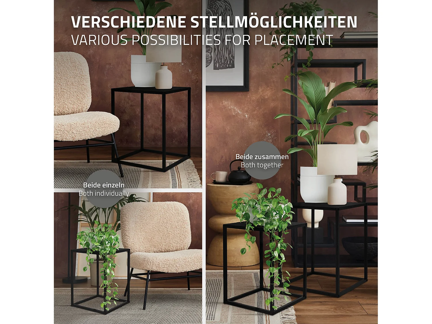 Set 4x supports de fleurs moderne pot à plantes en métal noir tabouret à fleurs