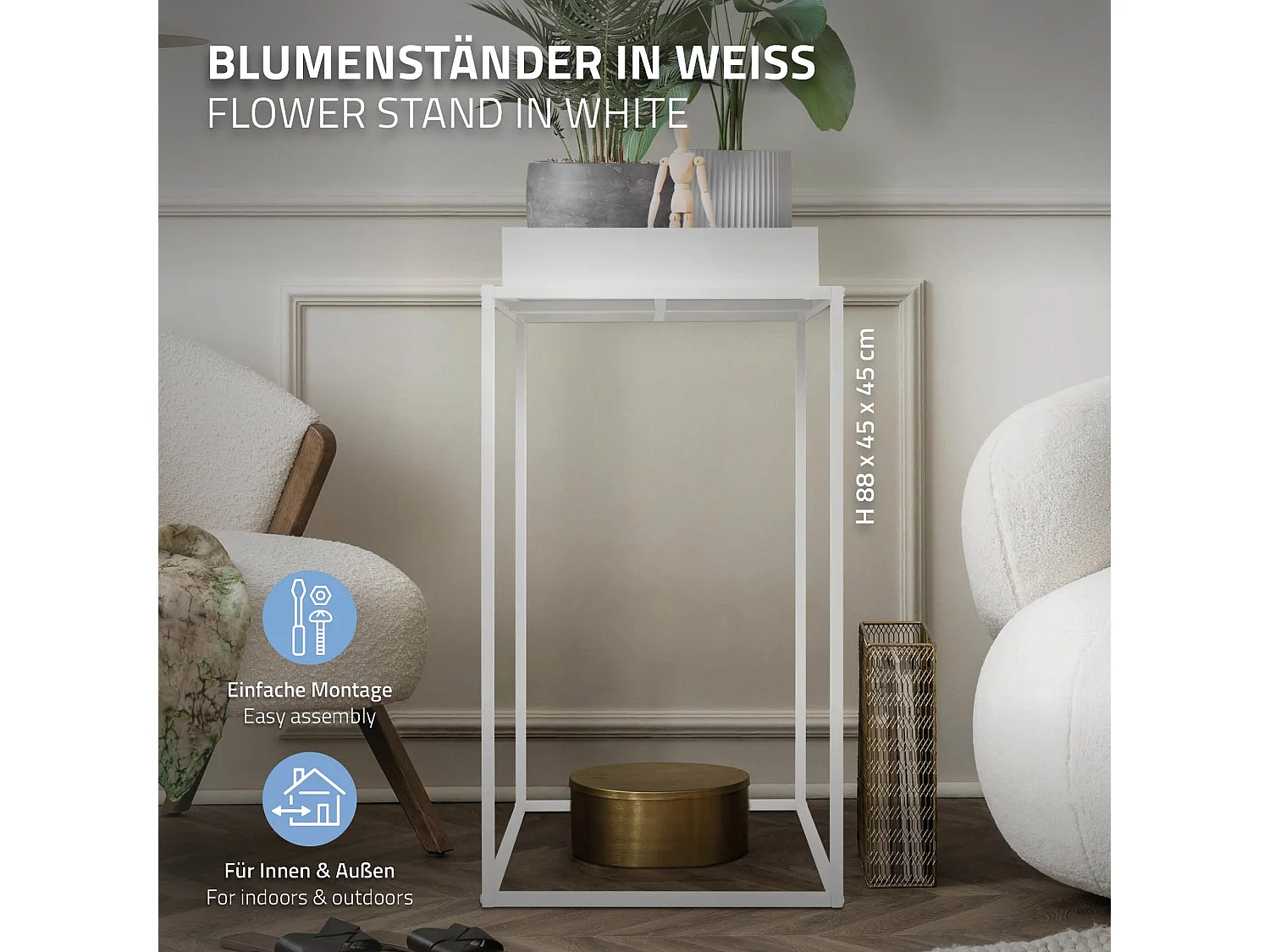 2x Support de plantes/fleurs métal blanc porte-fleurs stable avec bac 45x88 cm