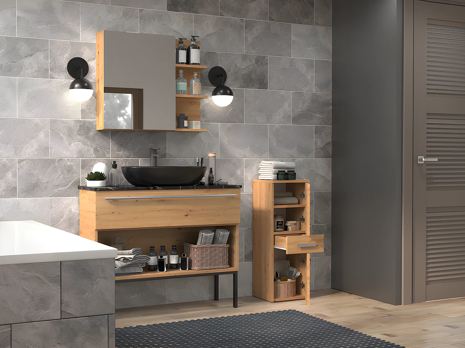 CDF Bad-Hochschrank NEL V DDS | Farbe: Eiche Artisan | Modernes Badregal | Stauraumschrank | Geräumige Einlegeböden | Türen | Einfache Montage | Stilvolle Griffe