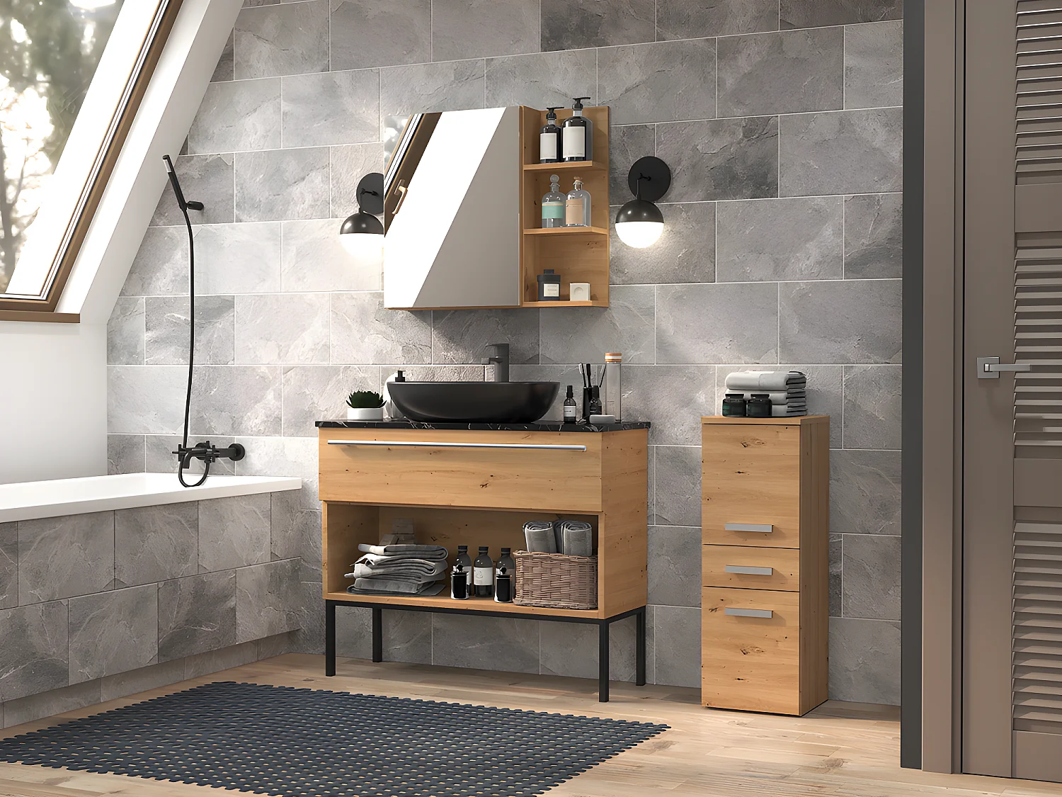 CDF Bad-Hochschrank NEL V DDS | Farbe: Eiche Artisan | Modernes Badregal | Stauraumschrank | Geräumige Einlegeböden | Türen | Einfache Montage | Stilvolle Griffe