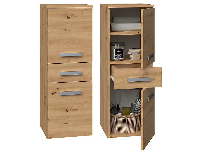 CDF Bad-Hochschrank NEL V DDS | Farbe: Eiche Artisan | Modernes Badregal | Stauraumschrank | Geräumige Einlegeböden | Türen | Einfache Montage | Stilvolle Griffe