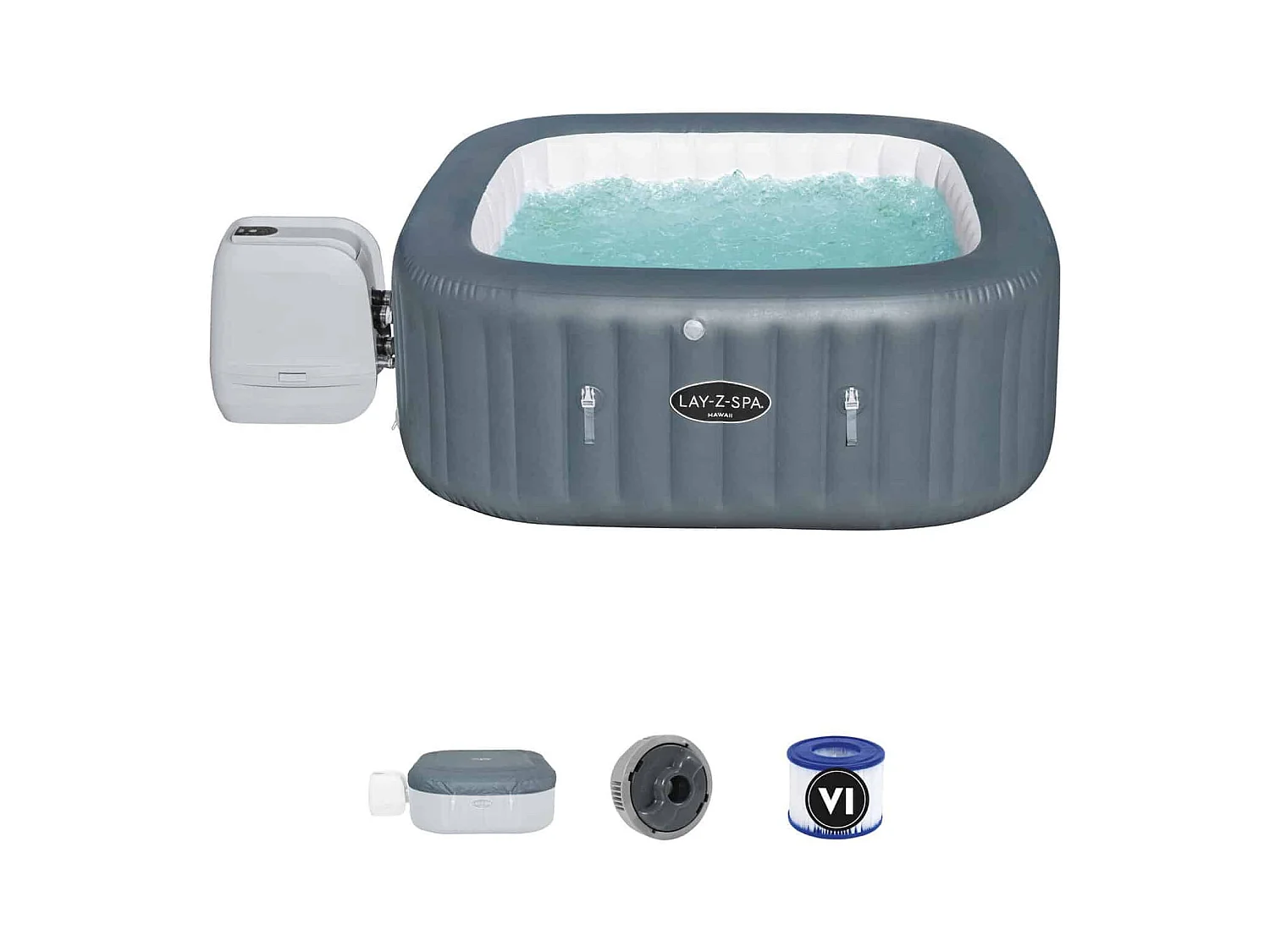 Spa Hinchable Bestway Lay-Z-Spa Hawaii Hydrojet Pro 180x180x71 cm para 4-6 personas | Cuadrado  | Depuradora de 1.325L/H | Cobertor | Capacidad 840L | Gris
