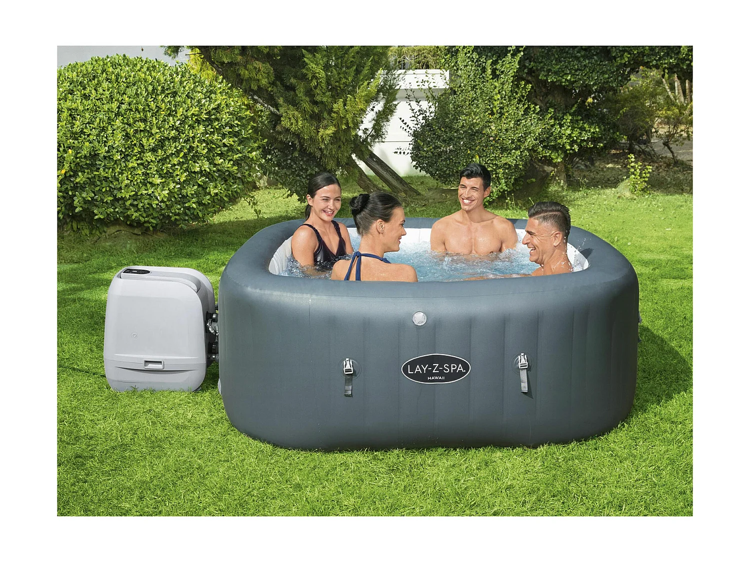Spa Hinchable Bestway Lay-Z-Spa Hawaii Hydrojet Pro 180x180x71 cm para 4-6 personas | Cuadrado  | Depuradora de 1.325L/H | Cobertor | Capacidad 840L | Gris