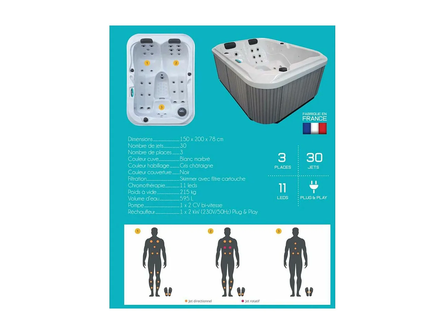 Spa rigide gris et blanc marbré jets et leds Costa (3 places dont 2 allongées)