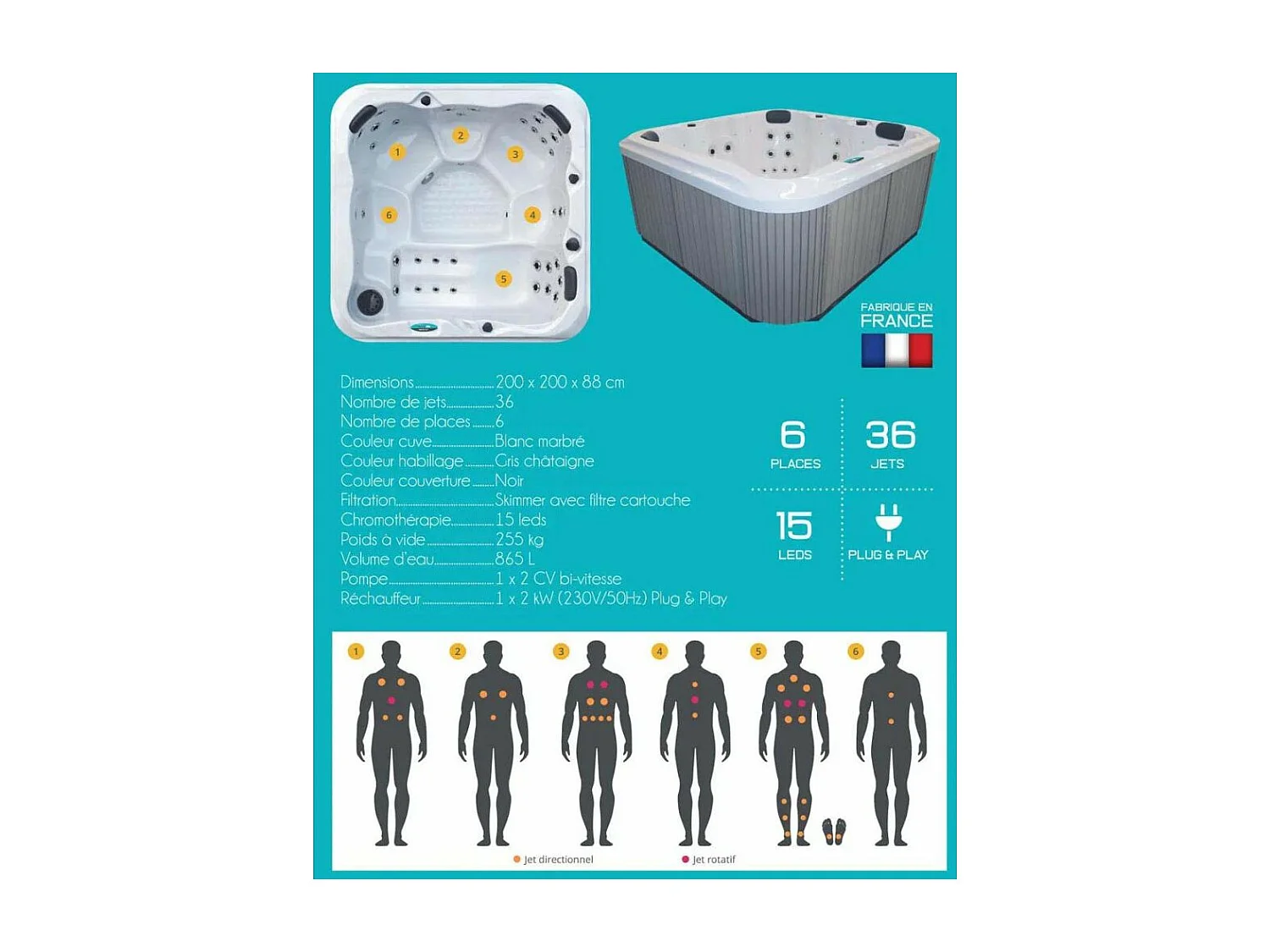 Spa rigide gris et blanc marbré jets et leds Florida (6 places dont 1 allongée)