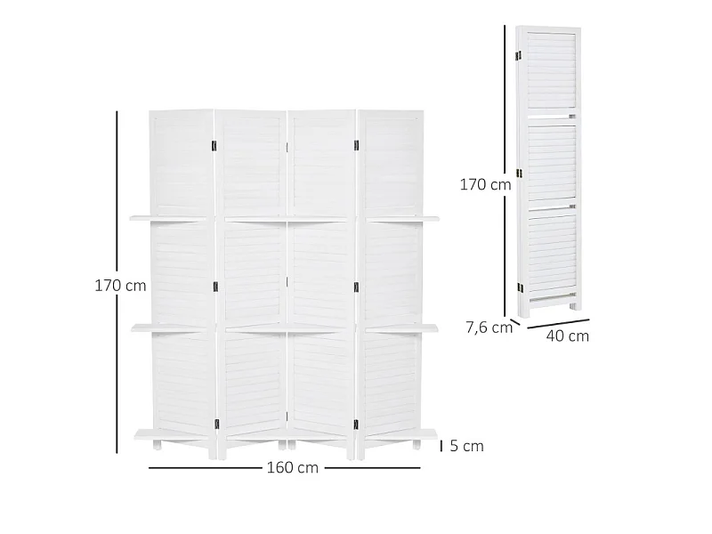 Séparateur de pièces 4 panneaux avec étagères PAULINE bois blanc