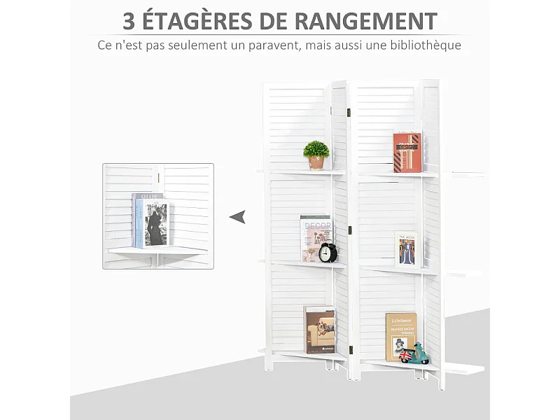 Séparateur de pièces 4 panneaux avec étagères PAULINE bois blanc
