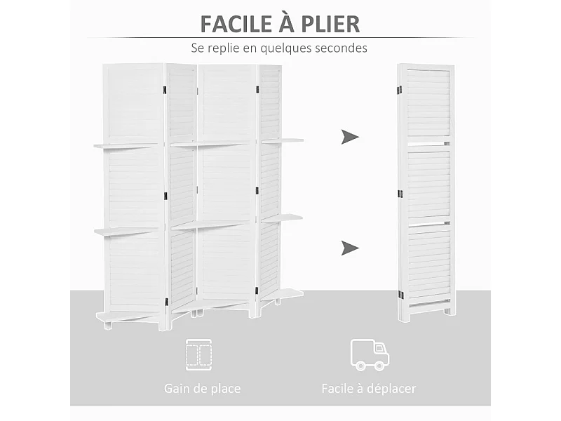 Séparateur de pièces 4 panneaux avec étagères PAULINE bois blanc