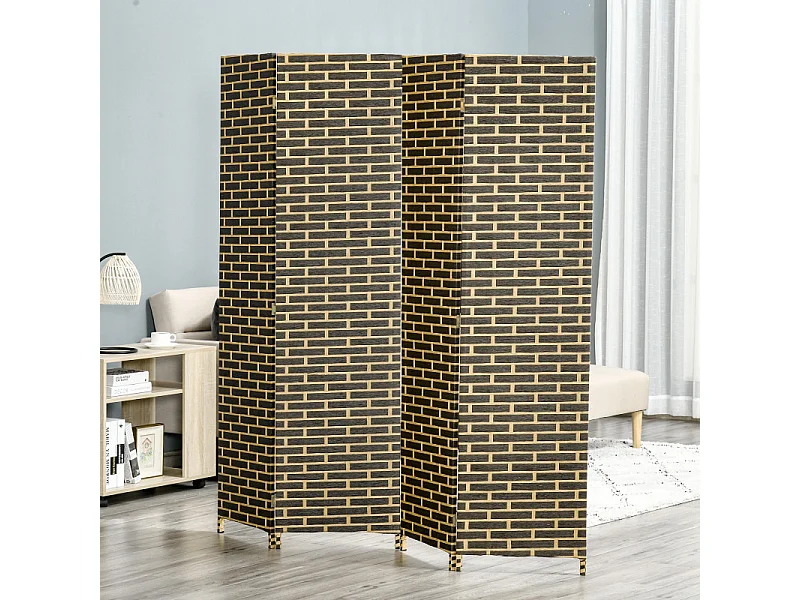 Séparateur de pièce 4 panneaux MARIJO noir et paille
